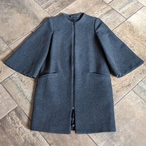 Zara Wool Blend Wide Bell Sleeves Swing Coat Chic Dressy Size XS Charcoal Gray